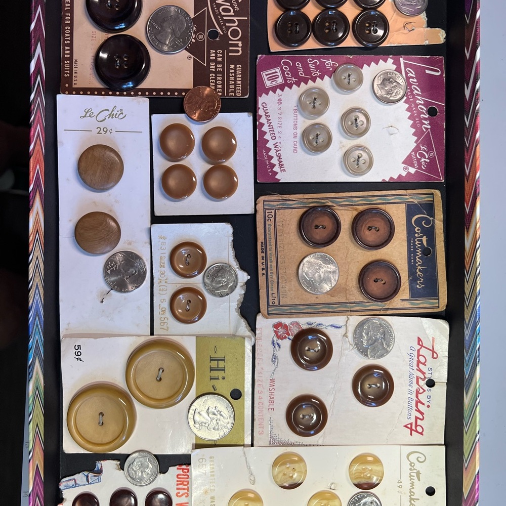 Vintage Button Collection in Brown and Tan (36) Attached to card, new old stock